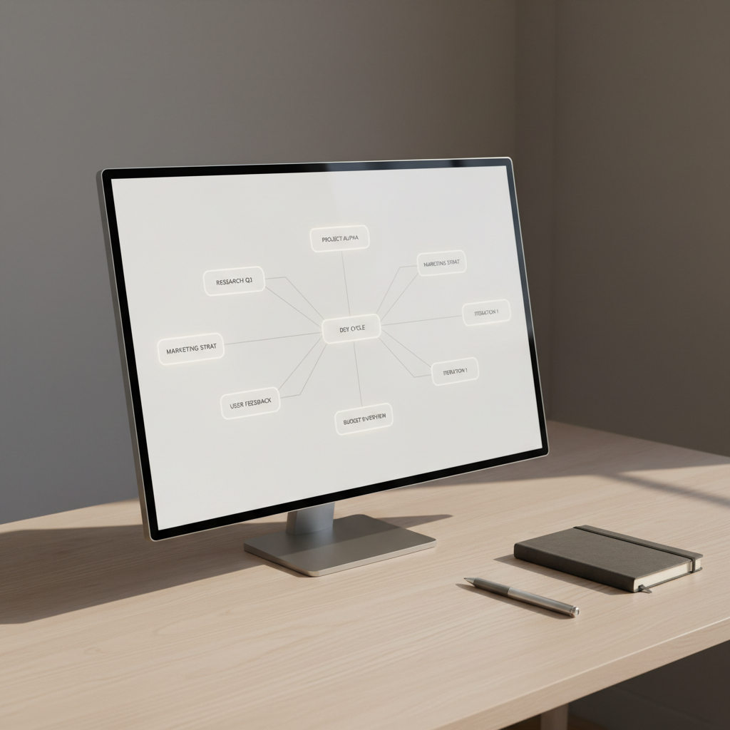 An ultra-organized digital workspace displayed on a thin, frameless monitor, showing a clean interface of interconnected nodes labeled with short, legible phrases, forming a clear, symmetrical network. The monitor stands on a pale wood desk beside a closed graphite notebook and a sleek pen. Soft, diffused afternoon light from the left creates gentle highlights on the screen edge and subtle shadows under the objects. The background is a minimalist studio wall in warm gray, slightly out of focus. Captured in photographic realism from a three-quarter angle, the composition uses the rule of thirds, conveying clarity, quiet focus, and thoughtful, human-centered intelligence.