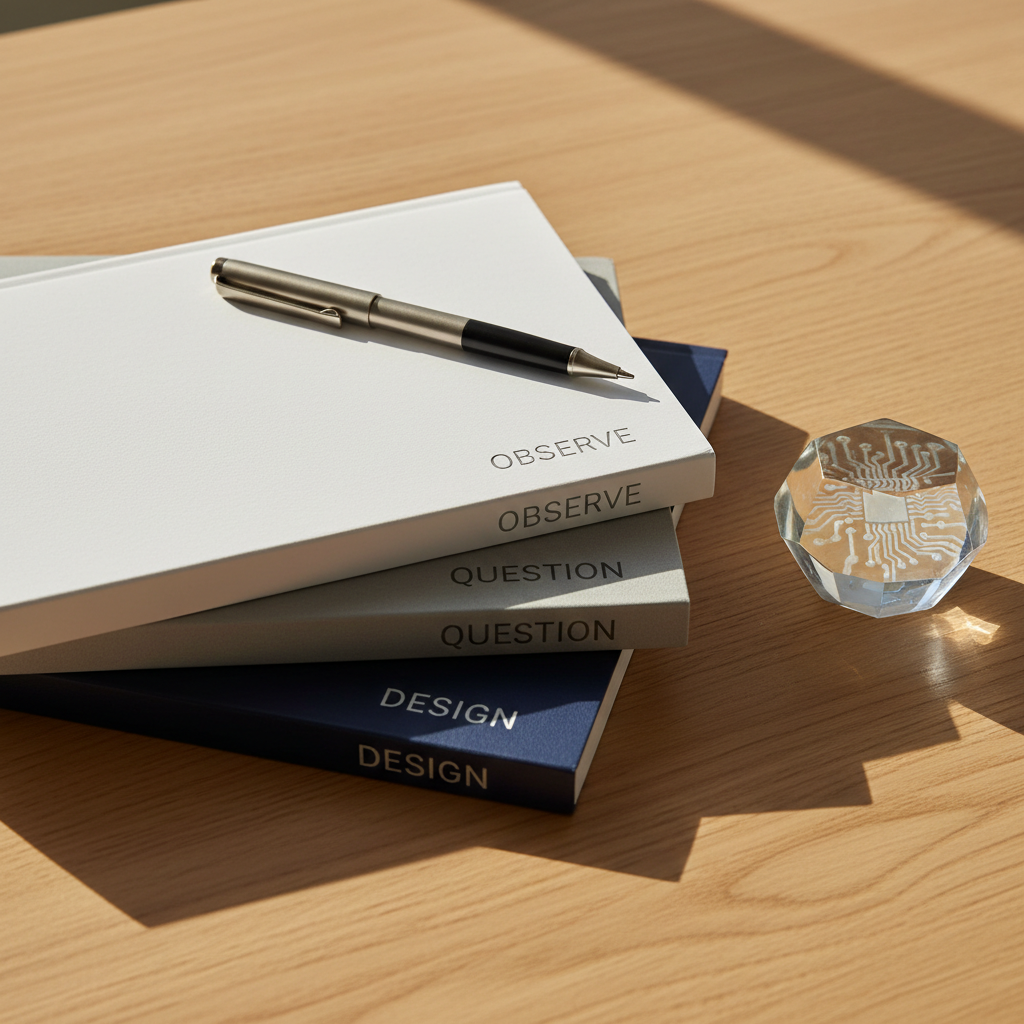 A meticulously arranged set of three stacked notebooks—white, soft gray, and deep navy—each embossed with a single word: “Observe,” “Question,” “Design.” A fine-line pen rests diagonally across the top notebook, its metal clip catching the light. They sit on a smooth, pale oak table beside a small, geometric frosted-glass paperweight etched with a subtle circuit pattern. Morning light enters from the right, creating clean, elongated shadows and a calm, contemplative atmosphere. Photographic realism with a minimal, high-end aesthetic, shot from a slightly elevated angle with sharp focus throughout, emphasizing the textures of paper, metal, and wood.