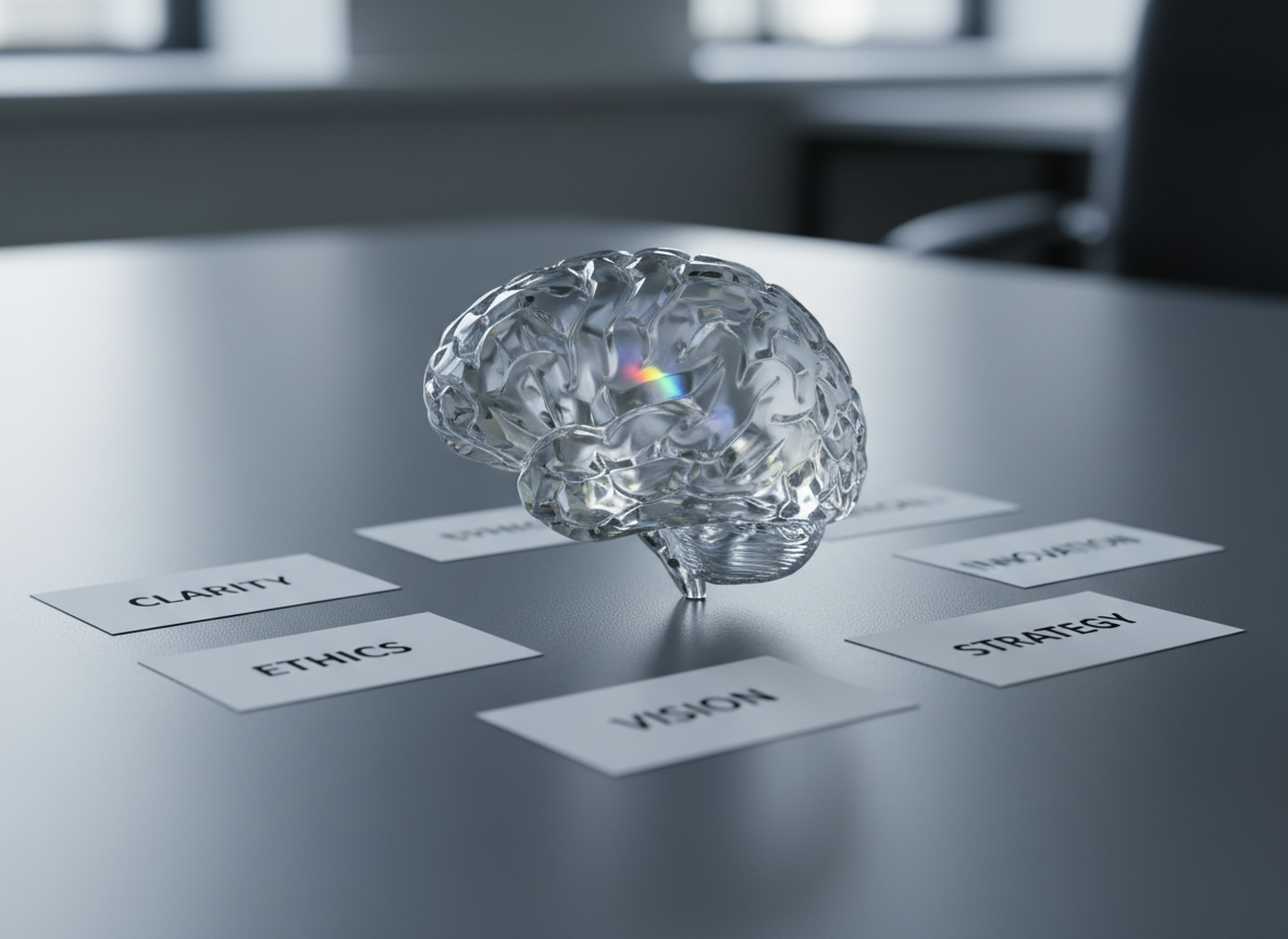 A transparent crystal prism shaped like a brain, its facets sharply defined and flawlessly clear, rests at the center of a matte charcoal desk. Around it lie neatly arranged index cards with crisp, typed keywords like “clarity,” “ethics,” and “impact,” slightly out of focus. Cool daylight from an unseen window washes across the surface, creating delicate reflections and a subtle spectrum of light inside the prism. The mood is intelligent, calm, and precise. Photographic realism with a clean, modern aesthetic, shot at eye level with a shallow depth of field so the prism is in perfect focus while the background fades into a soft, professional blur.